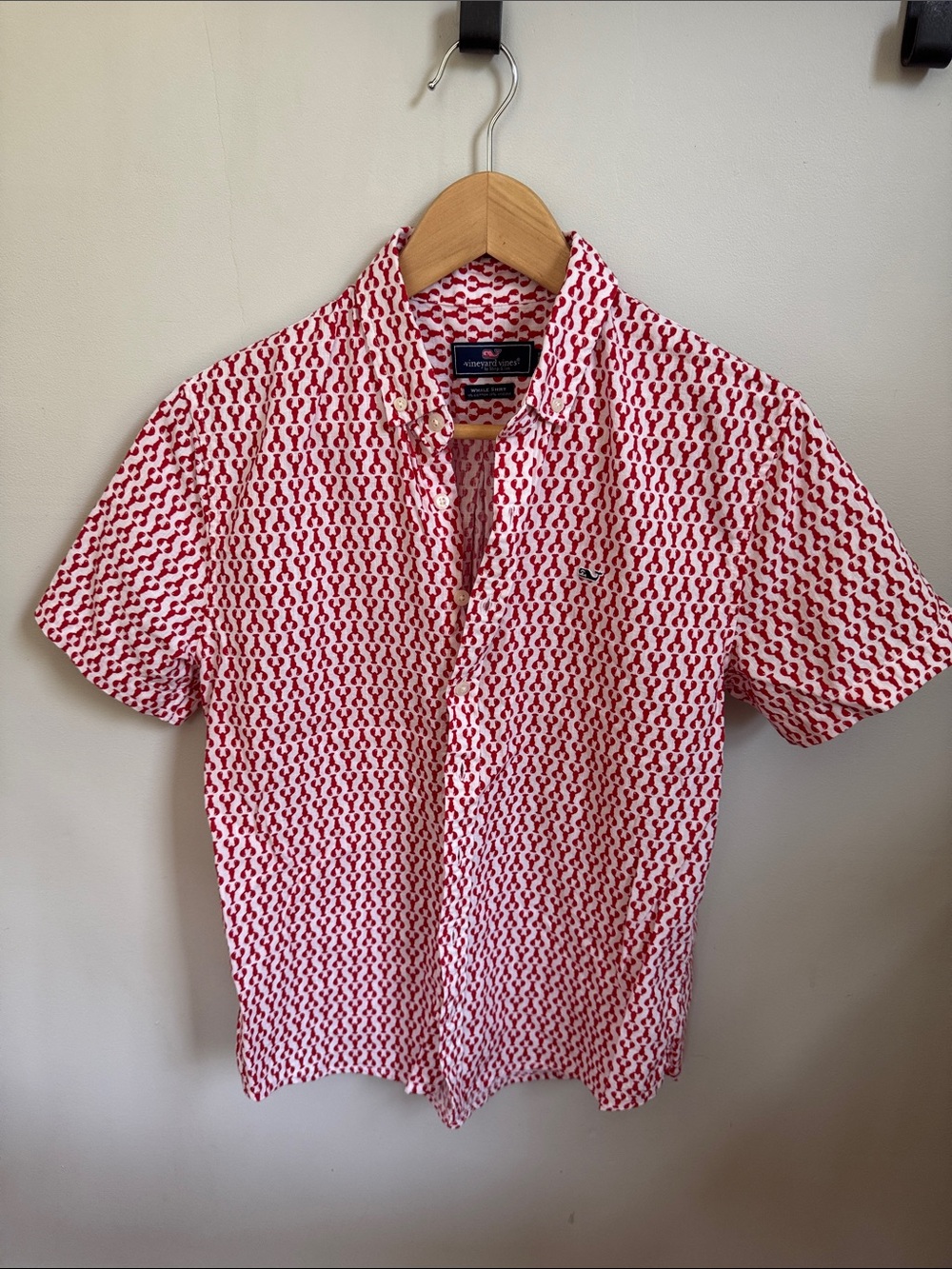Vineyard Vines Red & White Short-Sleeve Lobster Patterned Button-Down Shirt